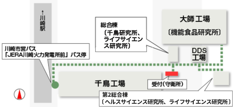 川崎事業所（千鳥工場・大師工場・DDS工場・ヘルスサイエンス研究所・千鳥研究所・機能食品研究所・ライフサイエンス研究所）