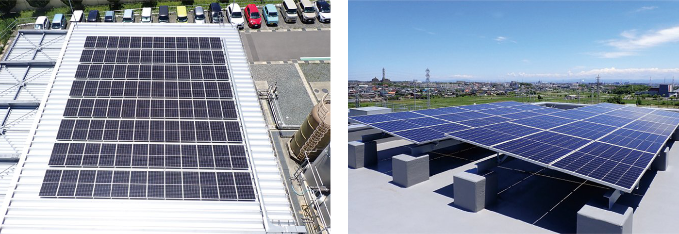  Two photos are shown side by side. The photo on the left shows solar panels installed on the roof of Juan Beauty Co., Ltd.’s Chita Plant. The photo on the right shows solar panels lined up and installed at Juan Beauty Co., Ltd.’s Chita Plant.