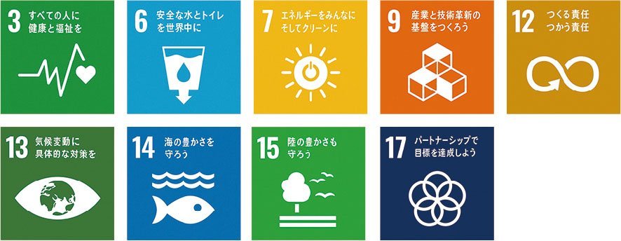 SDGsの17のゴールのうち、3,6,7,9,12,13,14,15,17のロゴマークです。
