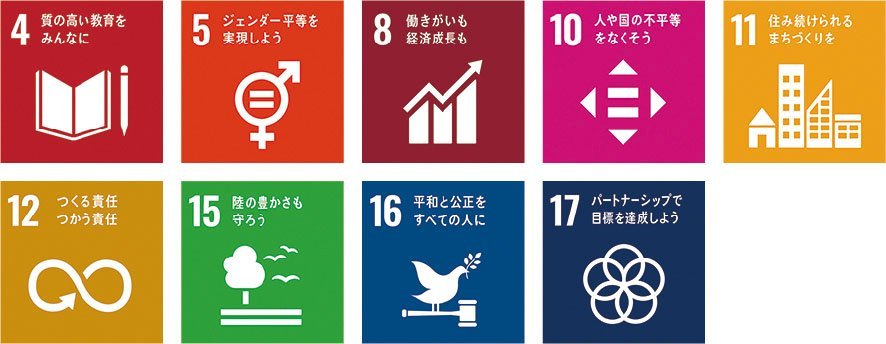 SDGsの17のゴールのうち、4,5,8,10,11,12,15,16,17のロゴマークです。