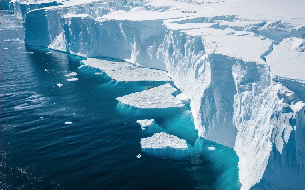 海に面した氷河の端が崩れていく様子を撮影したイメージ写真です。