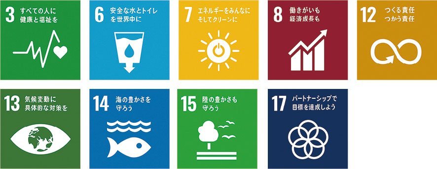 SDGsの17のゴールのうち、3,6,7,8,12,13,14,15,17のロゴマークです。