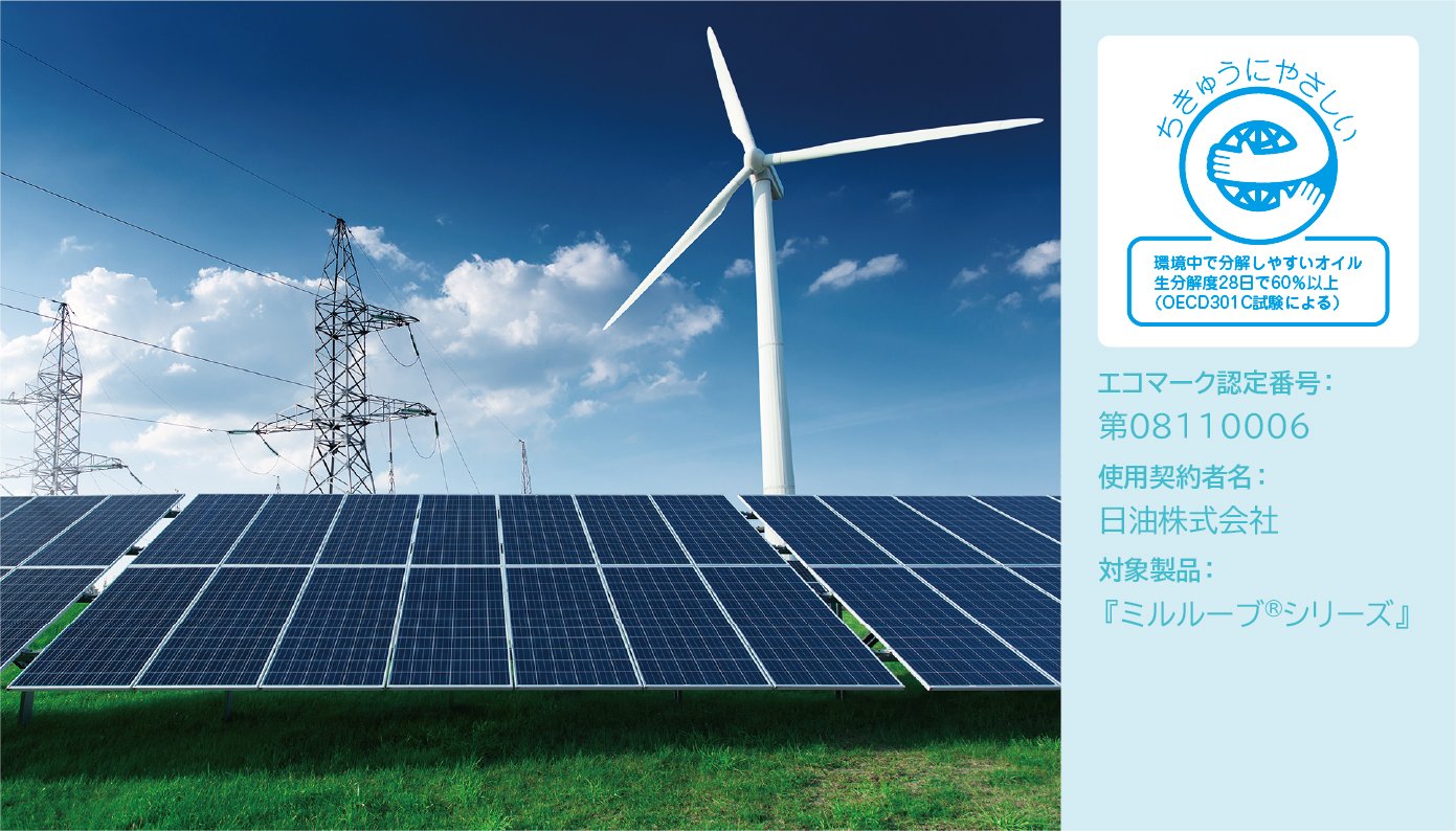 風力発電の風車と太陽光パネルがあり、高圧電線の鉄塔が立っています。認定番号第08110006の製品名ミルループシリーズのエコマークが表示されています。