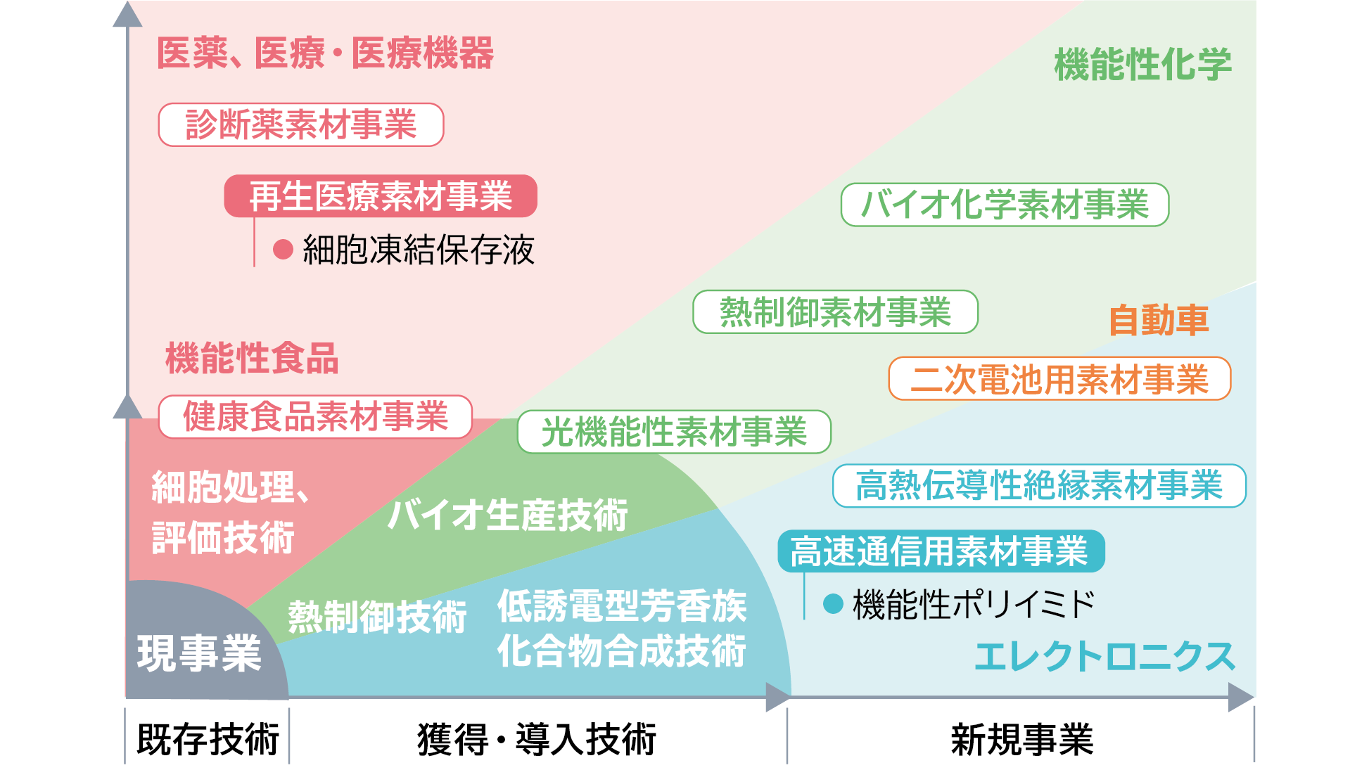 研究開発による新規事業の創出について示した図です。既存技術から獲得・導入技術を経て、新規事業の創出へと至る研究開発の展開を示した図です。左下の現事業を起点とし、細胞処理・評価技術、バイオ生産技術、熱制御技術、低誘電型芳香族化合物合成技術などの技術基盤を拡充し、さらに6つの重点分野へ展開していくという全体像が描かれています。具体的には、医薬素材（再生医療素材、診断薬素材）、医療・医療機器、機能性食品（健康食品素材）、機能性化学（バイオ化学、熱制御、光機能性素材）、自動車（二次電池用素材）、エレクトロニクス（高熱伝導性絶縁素材、高速通信用素材など）の各分野へとつながっており、これらの研究開発を通じて新たな価値創造と新規事業の創出を目指す姿が表現されています。