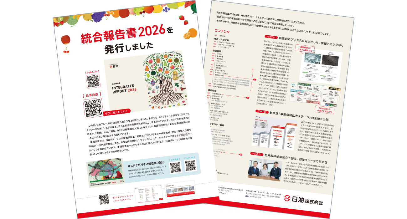  This is an image of a flyer announcing the publication of the NOF Group's integrated report. The front side features an image of the integrated report cover and an overview, while the back side includes the table of contents and key points.