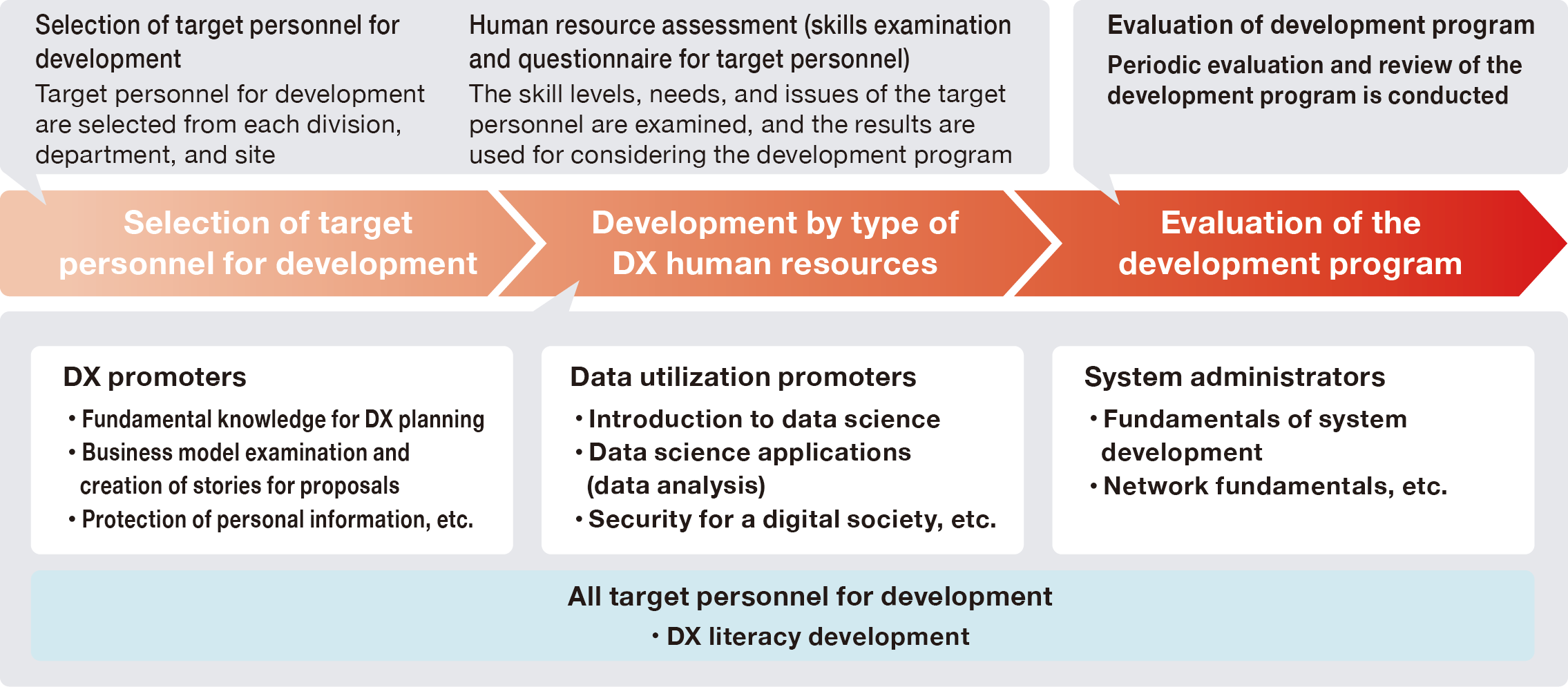 This diagram outlines the DX talent development program, which consists of three phases: candidate selection, role-specific training, and program evaluation. In the candidate selection phase, participants are chosen from various departments and units, and talent assessments—including skill surveys and questionnaires—are conducted to identify their current skill levels and areas for improvement. Next, the role-specific training phase builds upon a foundation of DX literacy training for all participants by offering three specialized programs tailored to specific roles: DX promoters receive training on the fundamentals of DX planning, business model research, proposal story creation, and personal data protection; data utilization promoters study the basics and applications of data science as well as security in a digital society; and system personnel are trained in the fundamentals of system development and networking. Finally, the program evaluation phase illustrates the process of periodically assessing and reviewing the program.