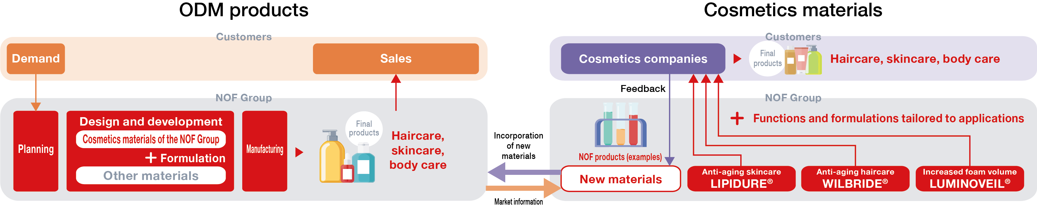 This diagram illustrates the business flow and strengths of the cosmetic ingredient business, highlighting capabilities to develop ingredients that meet market needs. The left side depicts the process of proposing ODM products to customers, while the right side shows the supply of cosmetic ingredients from NOF to cosmetic companies. The ODM product proposal process involves planning products within the NOF Group based on customer requests, designing, developing, and manufacturing them using the Group's own ingredients and formulation technologies, and finally delivering the products to the customer. The ingredient supply process involves proposing new materials developed by NOF—such as 