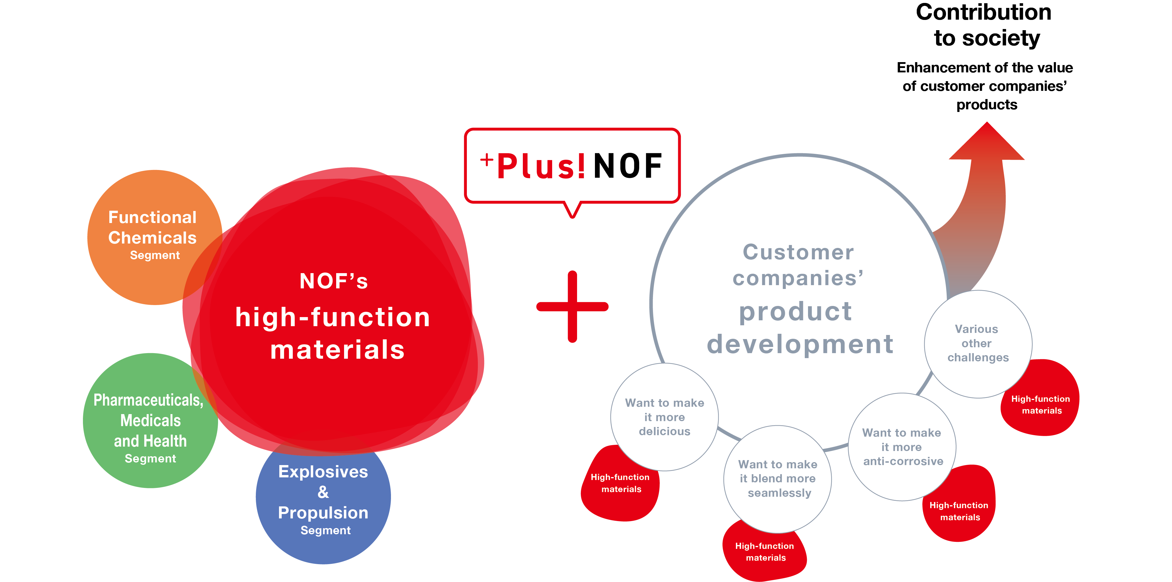 This diagram illustrates NOF’s business model. Through our high-performance materials—comprising three segments (Functional Chemicals, Pharmaceuticals, Medical & Health, and Chemical Products)—we address challenges such as “making food taste better,” “improving usability,” and “preventing rust” that arise during our customers’ development processes. We refer to this approach as “Plus! NOF.” Through “Plus! NOF,” we enhance the value of our customers’ products and contribute to society.
