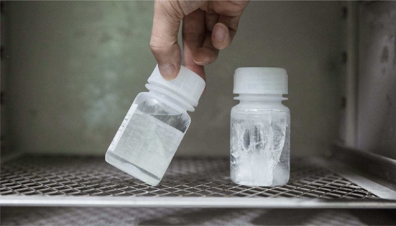 The transparent container with a white cap contains liquid, and the bottle on the left, which contains Viva Frosty, is not frozen. The bottle on the right, which is for comparison, is frozen from the bottom.