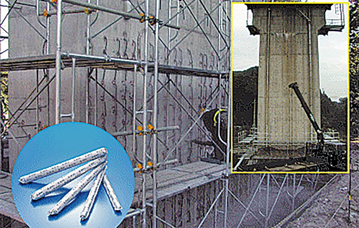 This is a photo of scaffolding being set up to repair the elevated bridge piers of the Shinkansen, with a small round blue window in the lower left corner showing the cement capsules used in the repairs.
