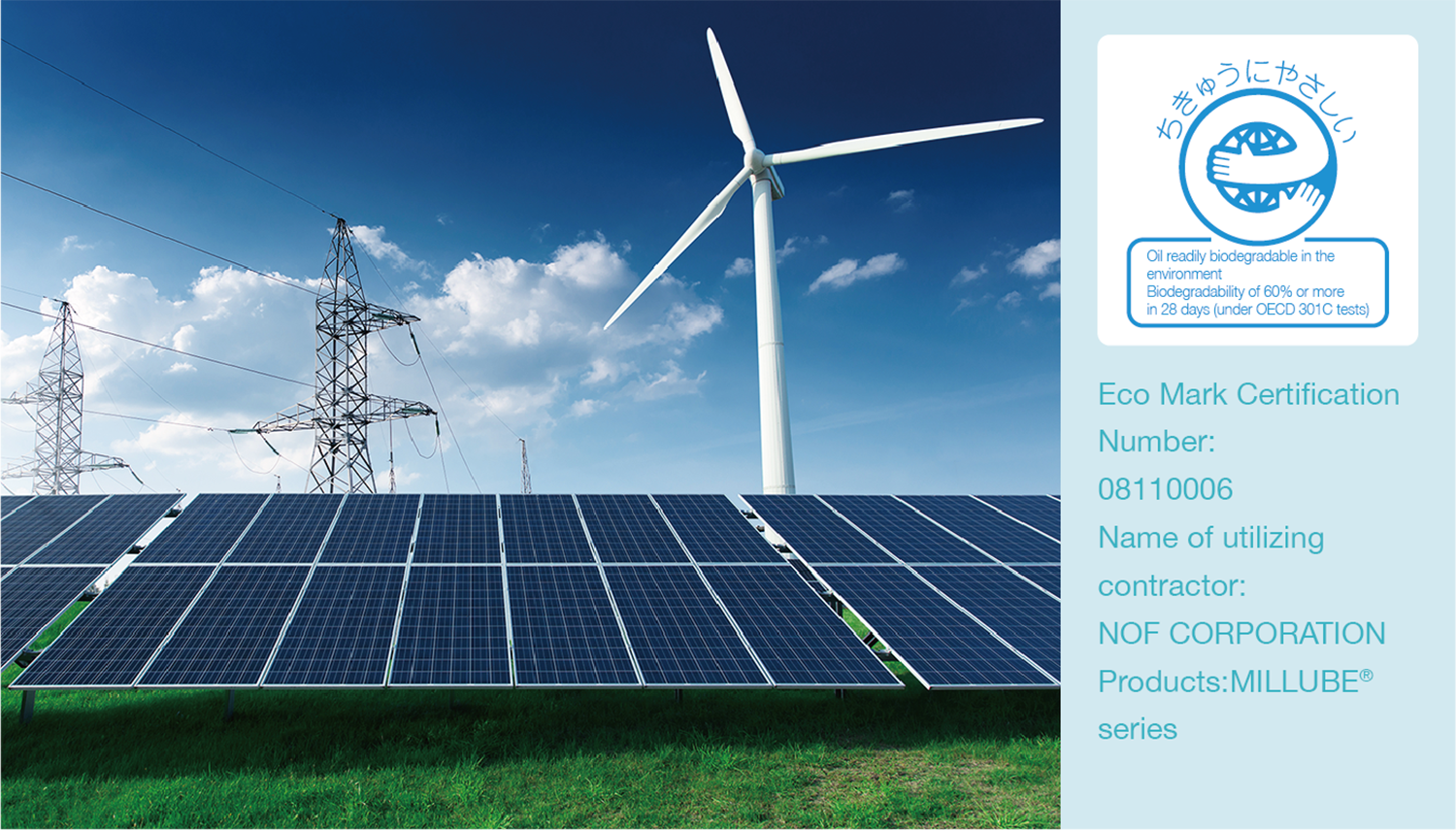  There are wind turbines for wind power generation and solar panels, with a high-voltage power line tower standing nearby. The Eco Mark is displayed for the MILLUBE series of products, with certification number 08110006.