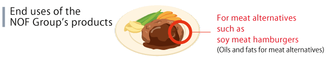 The NOF Group's products used in alternative meat include soybean meat hamburgers and other alternative meats, as well as fats for alternative meats.