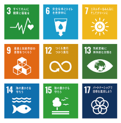 SDGsの17のゴールのうち、3,6,7,9,12,13,14,15,17のロゴマークです。