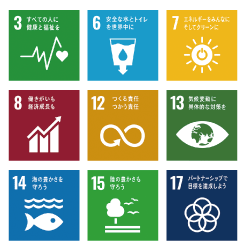 SDGsの17のゴールのうち、3,6,7,8,12,13,14,15,17のロゴマークです。