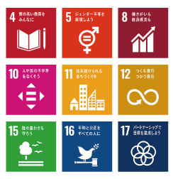 SDGsの17のゴールのうち、4,5,8,10,11,12,15,16,17のロゴマークです。