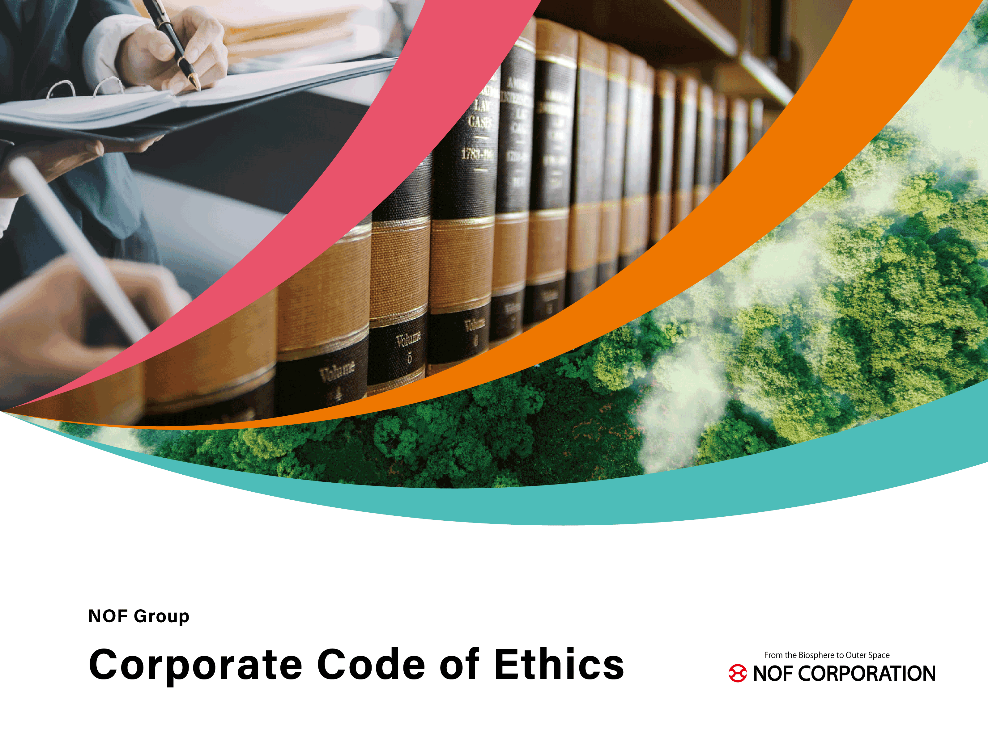 This is the photo on the cover of the NOF Corporate Code of Ethics. There is an abstract mosaic-like pattern below the title.