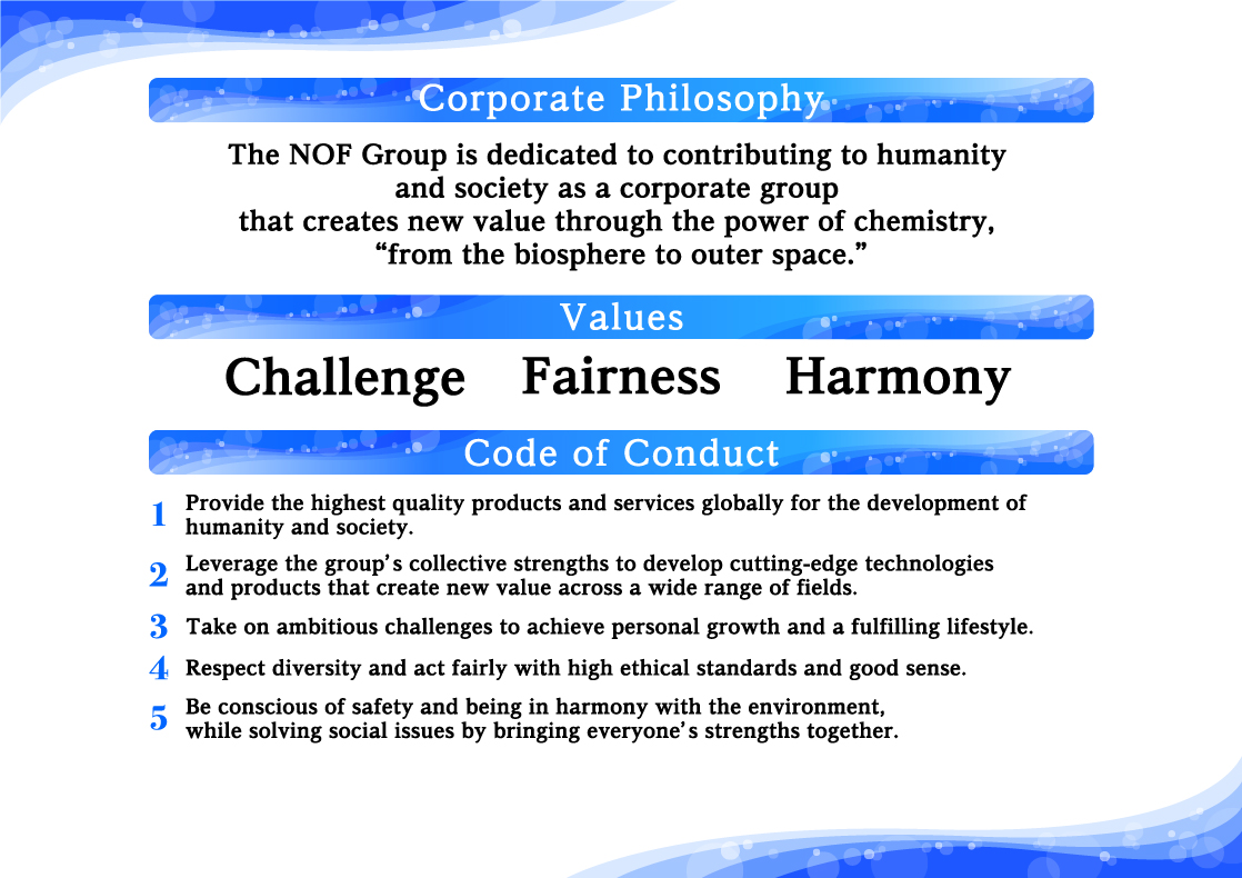 The NOF Group is dedicate to contributing to mankind and society through the creation of new value 'from the biosphere to outer space.'